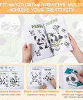 Person holding craft book with panda patterns in Versatile Button Maker Kit 25 32 58mm 3 in 1 Pin Press with Ergonomic Arc Handle
