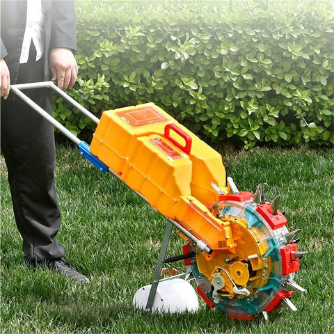 Person using Eight Outlet Hand Push Seed Drill And Fertilizer Spreader For Precise Planting Depth And Spacing In Your Garden outdoors