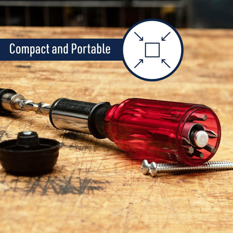 9.75 Inch Yankee Screwdriver Hand Drill Pin Vise with 7 Double Sided Bits Rotating Barrel on wooden surface