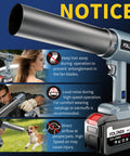 Cordless Handheld Car Dryer And Air Blower, Lightweight Yet Powerful, 21V 10Ah Battery, in use with safety warnings visible.