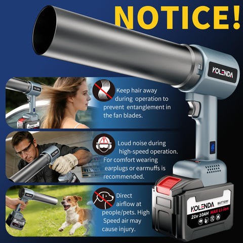 Cordless Handheld Car Dryer And Air Blower, Lightweight Yet Powerful, 21V 10Ah Battery, in use with safety warnings visible.
