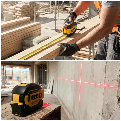 Pro Grade Laser Tape Measure With Integrated Crosshair Level 196 Ft Digital Range Finder Ip54 Waterproof Build Straight Shooting Layout Aid For No Fuss Job Site Work