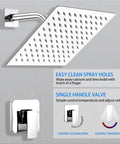 Chrome Shower Faucet Set With Rough In Valve And 8 Inch Square Shower Head, Stainless Steel Build, Rainfall Wall Mount System
