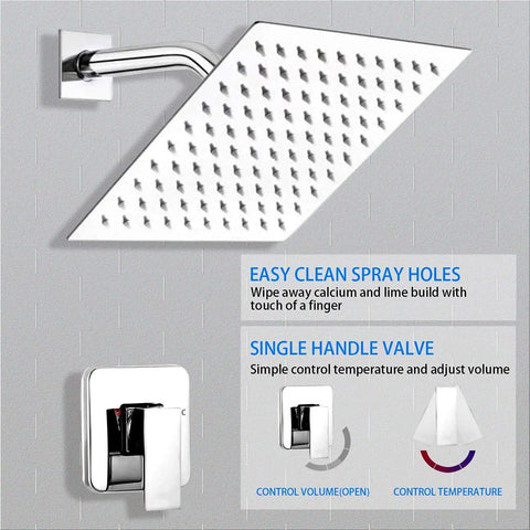 Chrome Shower Faucet Set With Rough In Valve And 8 Inch Square Shower Head, Stainless Steel Build, Rainfall Wall Mount System
