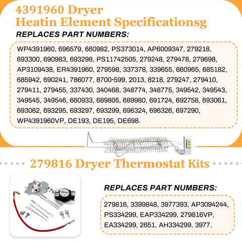 Dryer Heating Element Kit With 279816 Thermostat And Wire Pack specifications and part numbers