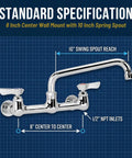 Diagram of Beefy Heavy Duty Low Lead Wall Mount Faucet With 10 Inch Swing Spout showing dimensions and specifications.
