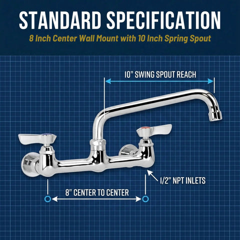 Diagram of Beefy Heavy Duty Low Lead Wall Mount Faucet With 10 Inch Swing Spout showing dimensions and specifications.