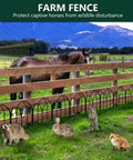 Farm fence with horse behind wooden fence, small animals in front, arch metal garden fence, mountainous background