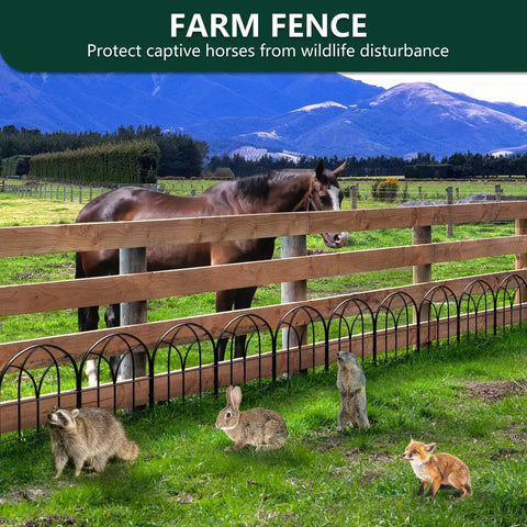 Farm fence with horse behind wooden fence, small animals in front, arch metal garden fence, mountainous background