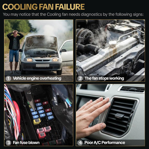 Cooling fan failure signs including overheating vehicle, blown fuse, and poor A/C performance. Essential diagnostics for cooling issues.