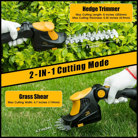 Cordless Hedge Trimmer And Grass Trimmer 2 In 1 For Yard Work 1200 RPM Power To Cut Thick Hedges And Lawn Edges Works With 20V MAX Batteries Battery Not Included Yellow, showing 8-inch hedge blade and 4.7-inch grass shear in action