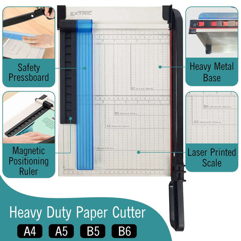 EXTRIC 12-inch heavy-duty paper cutter with blue safety guard, metal base, magnetic ruler, and laser scale.