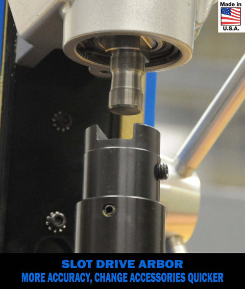 Hougen HMD904 115V magnetic drill spindle with black slot-drive arbor holder, close-up