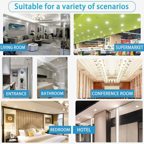 Ultra-Thin 2in Recessed Lighting Kit Panel Lights For Ceiling Installation displayed in various settings like living room, supermarket, and hotel.