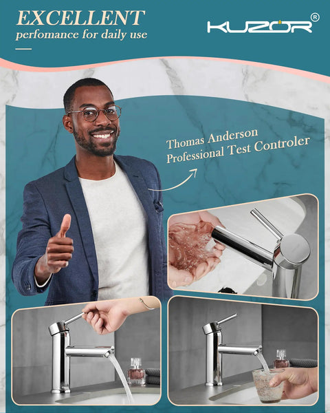 Person showcasing Brass Bathroom Faucet With Detachable Spout, 3.79-Inch High Spout for modern bath vanities and RVs.