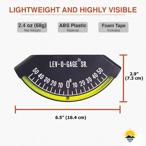 Senior Inclinometer and Tilt Gauge for RVs, Trailers, Campers, and 5th Wheels With High-Bond Adhesive Backing shown in detail.