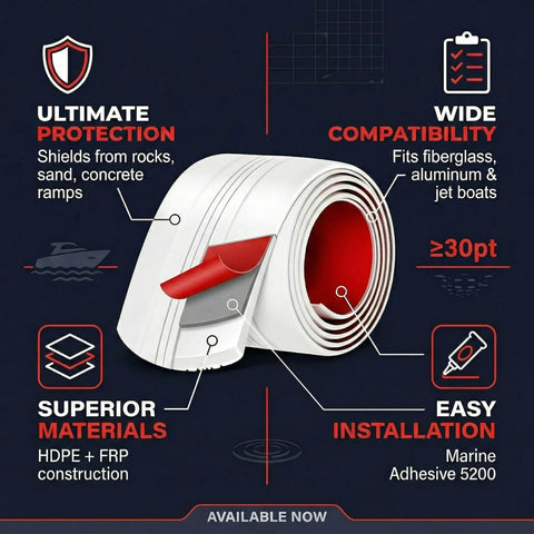 Heavy Duty 6 Foot Keel Guard For Fiberglass And Aluminum Boats Self Adhesive Hull Shield with easy installation details.