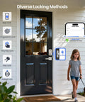 Front view of a Smart Fingerprint Door Lock with App Control on a black door featuring multiple access methods in satin nickel finish.