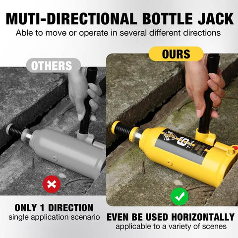 6 Ton Bottle Jack With Carrying Case And Pump Handle, Multi Directional Welded Car Jack For Sedans shown horizontally in use