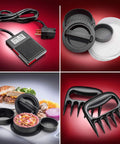 STX Turboforce II Electric Meat Grinder With Foot Pedal And Six Plates includes foot pedal, burger press, meat claws, and food containers.