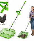 2 In 1 Chicken Poop Scooper And Rake With Handle 12 Inch Heavy Duty Metal Coop Cleaner shown with woman and chicken