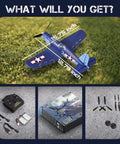 Corsair F4U 4 Channel RC Airplane With XPilot Stabilization on grass, remote control, battery, parts, and packaging displayed.