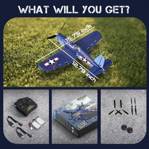 Corsair F4U 4 Channel RC Airplane With XPilot Stabilization on grass, remote control, battery, parts, and packaging displayed.