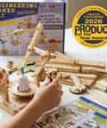Totally Sweet Real Wood Stem Building Kit Featuring Legit Hydraulic Crane Gears Levers And Pulleys Tools With Challenge Guide Book for hands-on science play.