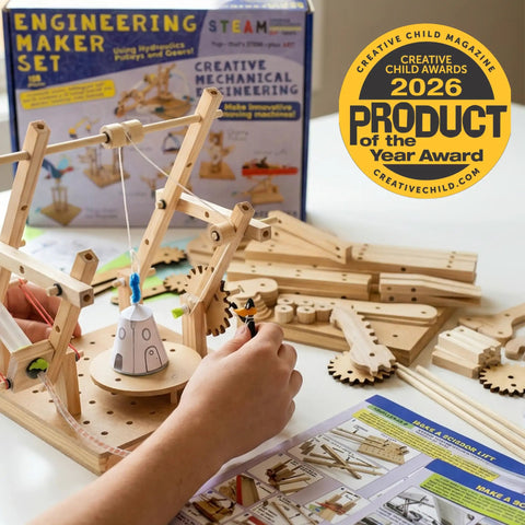 Totally Sweet Real Wood Stem Building Kit Featuring Legit Hydraulic Crane Gears Levers And Pulleys Tools With Challenge Guide Book for hands-on science play.