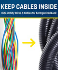 Side view: Split wire loom tubing 1/2 in black, shown beside multicolor electrical wires for cable organization.