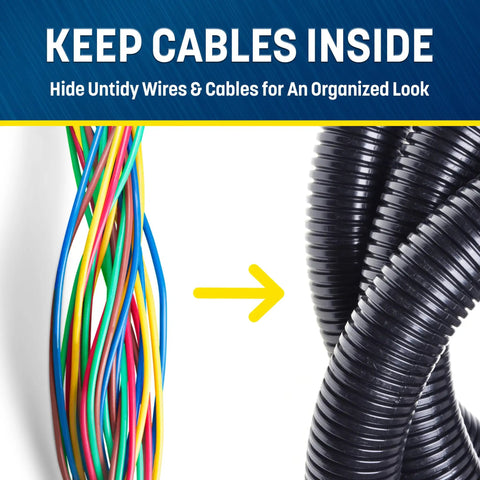 Split Wire Loom Tubing 3 Eighths Inch By 50 Feet Flexible Cable Wrap For Outdoor And Indoor Wires shown organizing colored cables.