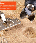 Top Notch Assorted Forstner Bit Set Featuring Game Changer Hardened Round Shanks For Clean Wood Drilling in use on wood with shavings visible.