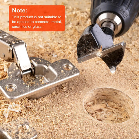 Top Notch Assorted Forstner Bit Set Featuring Game Changer Hardened Round Shanks For Clean Wood Drilling in use on wood with shavings visible.