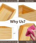 Split image showing Stackable Bamboo Kitchen Drawer Organizer Bins For Silverware And Flatware's material, design, size, and cleaning ease.