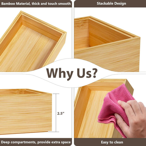 Split image showing Stackable Bamboo Kitchen Drawer Organizer Bins For Silverware And Flatware's material, design, size, and cleaning ease.