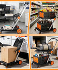Collapsible Shopping Cart With Two Storage Crates And Two Tie Down Straps, 200 Pound Capacity Wheeled Grocery Cart, Platform Hand Truck With Foot Brake, Mobile Folding Trolley For Easy Errands, Bright Orange in office, supermarket, and outdoor settings