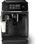 Crisp Roast Fully Automatic Espresso Maker With Killer LatteGo Milk Frothing, sleek black design and milk container for easy brewing.