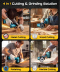Four images showing a Cordless Mini Angle Grinder 3 Inch Brushless 19000 RPM 21V 2.0Ah in metal, wood, polishing, and marble use.