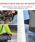 Bucket Truck Tool Bag With Tool Tethering Attachment Points Large For Aerial Work Platforms ANSI Certified, freestanding on ground.