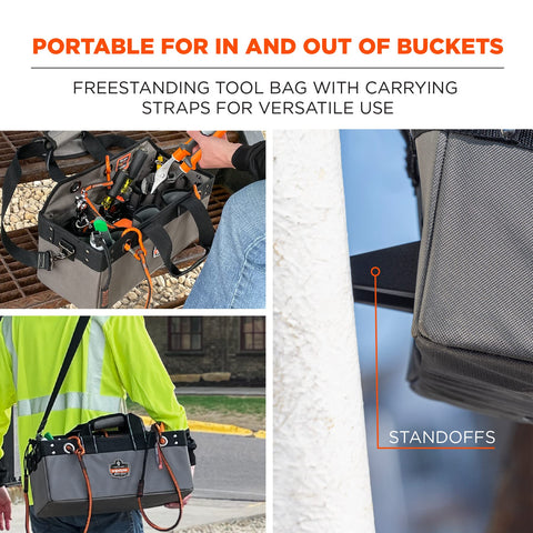Bucket Truck Tool Bag With Tool Tethering Attachment Points Large For Aerial Work Platforms ANSI Certified, freestanding on ground.