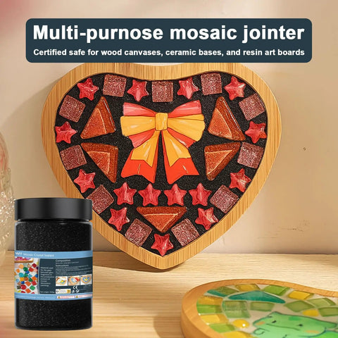 Black Quick Dry Crystal Tile Grout For Crafts Ready To Use Caulking Agent for Diy Glass Art and Mosaic Kit Supplies Handmade Gifts 1000g No Water Mixing Easy Set And Quick Apply, shown next to heart-shaped glass mosaic art.