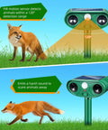 Solar Powered Yard Animal Deterrent With Motion Sensor Ultrasonic Cat Fox Raccoon Rabbit Squirrel Coyote Repeller Waterproof Outdoor Pest Guard For Garden Lawn Farm 2 Pack, green device with 120° PIR sensor and fox scene