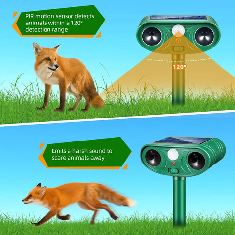 Solar Powered Yard Animal Deterrent With Motion Sensor Ultrasonic Cat Fox Raccoon Rabbit Squirrel Coyote Repeller Waterproof Outdoor Pest Guard For Garden Lawn Farm 2 Pack, green device with 120° PIR sensor and fox scene