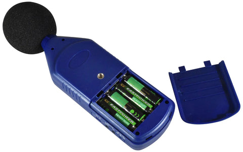 Back view of Pro Grade Decibel Meter With 30 To 130 dBA Sound Level Range, battery compartment open showing four AA batteries.