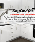 Brushed Nickel Cabinet Handles 5 Inch Length With 3 Inch Hole Centers Modern Drawer Pulls for kitchen cabinets, shown in modern kitchen.