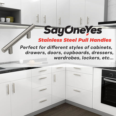 Brushed Nickel Cabinet Handles 5 Inch Length With 3 Inch Hole Centers Modern Drawer Pulls for kitchen cabinets, shown in modern kitchen.