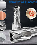 XJX 8-piece annular cutter set with Weldon shank for magnetic drill press; includes pilot pin and hex wrench