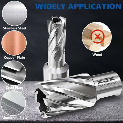 XJX 8-piece annular cutter set with Weldon shank for magnetic drill press; includes pilot pin and hex wrench