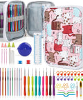 85-Piece Crochet Hooks Kit With Case, Ergonomic Hooks In Stainless And Aluminum, cat-pattern case, colorful hooks, and tools