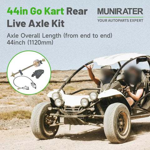 44 Inch Go Kart Rear Live Shaft Sleeve Sprocket Brake Hub Kit Replacement For Go Cart Built To Last Ready To Roll Easy Bolt On Upgrade With Metal Axle Compatible Rugged Durable Replacement Part For Most Go Kart Models displayed on go-kart in desert